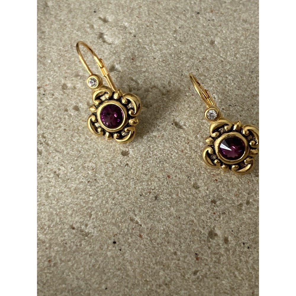 Purple Rhinestone Floral Dangle Earrings Gold Tone Classic Everyday Wear